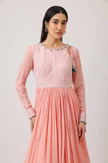 Vidushi Gupta_Peach Silk, Chiffon, Modal, Chinon, Honeycomb Embroidered Anarkali With Dupatta _Online_at_Aza_Fashions