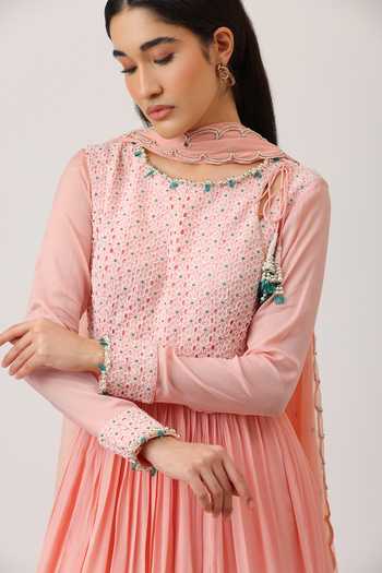 Buy_Vidushi Gupta_Peach Silk, Chiffon, Modal, Chinon, Honeycomb Embroidered Anarkali With Dupatta _Online_at_Aza_Fashions
