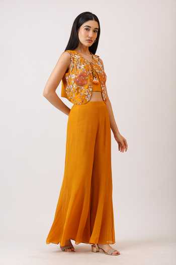 Vidushi Gupta_Yellow Silk, Chiffon, Chinon Sweetheart Neck, Embroidered Jacket Palazzo Set _Online_at_Aza_Fashions