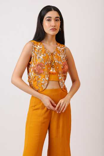 Buy_Vidushi Gupta_Yellow Silk, Chiffon, Chinon Sweetheart Neck, Embroidered Jacket Palazzo Set _Online_at_Aza_Fashions