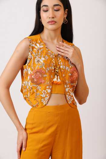 Shop_Vidushi Gupta_Yellow Silk, Chiffon, Chinon Sweetheart Neck, Embroidered Jacket Palazzo Set _Online_at_Aza_Fashions