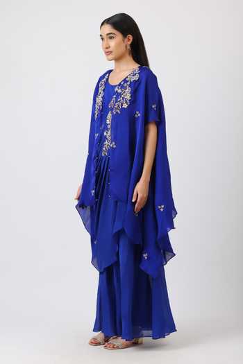 Vidushi Gupta_Blue Chiffon, Chinon, Silk, Organza Pearls, Cut Embroidered Jacket Palazzo Set _Online_at_Aza_Fashions