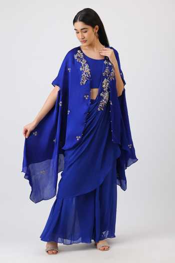 Buy_Vidushi Gupta_Blue Chiffon, Chinon, Silk, Organza Pearls, Cut Embroidered Jacket Palazzo Set _Online_at_Aza_Fashions