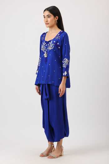 Vidushi Gupta_Blue Silk Embroidery, Pearls, Cut Work, Tassels, Hand Kurta And Draped Skirt Set _Online_at_Aza_Fashions