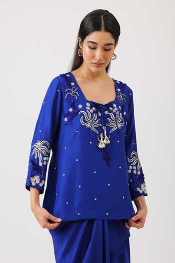 Shop_Vidushi Gupta_Blue Silk Embroidery, Pearls, Cut Work, Tassels, Hand Kurta And Draped Skirt Set _Online_at_Aza_Fashions