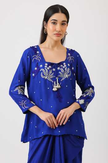 Vidushi Gupta_Blue Silk Embroidery, Pearls, Cut Work, Tassels, Hand Kurta And Draped Skirt Set _at_Aza_Fashions