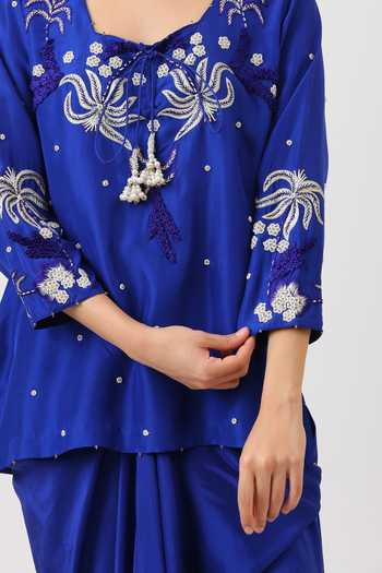 Buy_Vidushi Gupta_Blue Silk Embroidery, Pearls, Cut Work, Tassels, Hand Kurta And Draped Skirt Set 