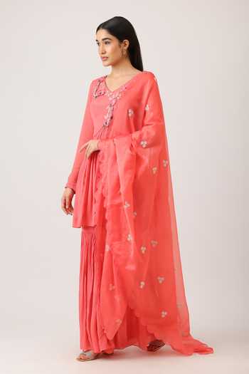 Vidushi Gupta_Coral Organza, Chiffon, Chinon V-neck, Yes Embroidered Anarkali Sharara Set _Online_at_Aza_Fashions
