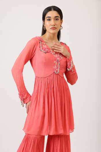 Buy_Vidushi Gupta_Coral Organza, Chiffon, Chinon V-neck, Yes Embroidered Anarkali Sharara Set _Online_at_Aza_Fashions