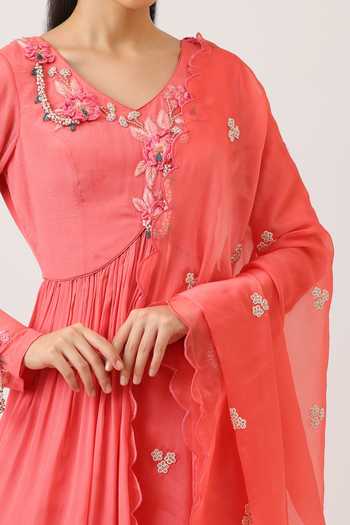 Shop_Vidushi Gupta_Coral Organza, Chiffon, Chinon V-neck, Yes Embroidered Anarkali Sharara Set _Online_at_Aza_Fashions