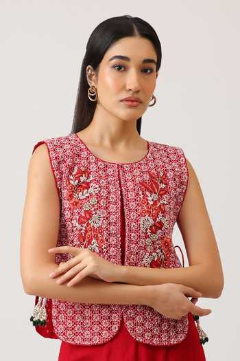 Buy_Vidushi Gupta_Red Silk, Modal Round , Scoop Pearl Embroidered Gilet And Palazzo Set _Online_at_Aza_Fashions