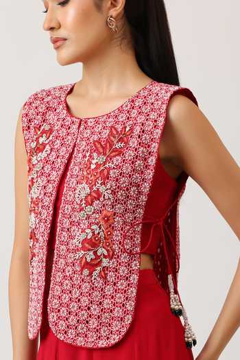 Shop_Vidushi Gupta_Red Silk, Modal Round , Scoop Pearl Embroidered Gilet And Palazzo Set _Online_at_Aza_Fashions
