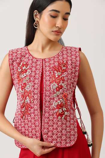 Vidushi Gupta_Red Silk, Modal Round , Scoop Pearl Embroidered Gilet And Palazzo Set _at_Aza_Fashions