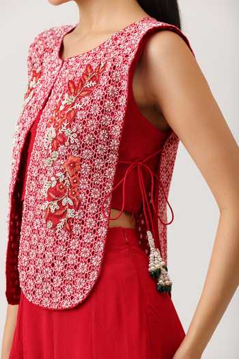 Buy_Vidushi Gupta_Red Silk, Modal Round , Scoop Pearl Embroidered Gilet And Palazzo Set 