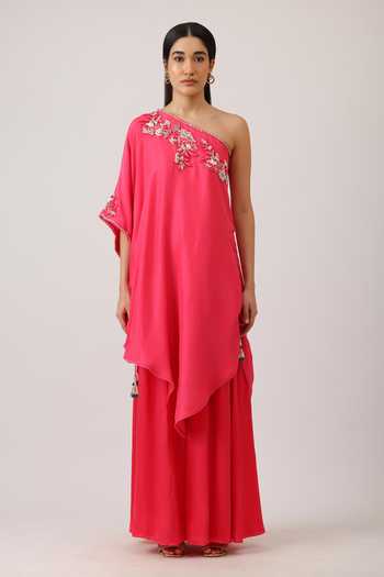 Vidushi Gupta_Fuchsia Silk, Organza Tassels One Shoulder Pearl Embroidered Cape And Palazzo Set _Online_at_Aza_Fashions
