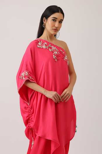 Buy_Vidushi Gupta_Fuchsia Silk, Organza Tassels One Shoulder Pearl Embroidered Cape And Palazzo Set _Online_at_Aza_Fashions
