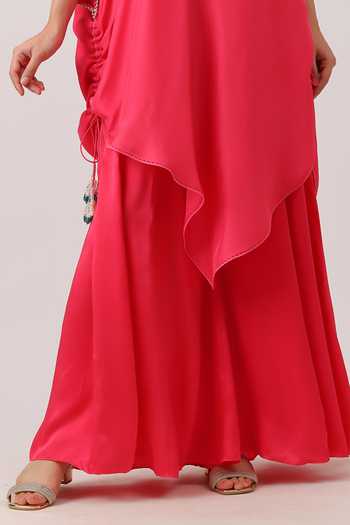 Shop Vidushi Gupta Fuchsia Silk, Organza Tassels One Shoulder Pearl Embroidered Cape And Palazzo Set Online at Aza Fashions Shop_Vidushi Gupta_Fuchsia Silk, Organza Tassels One Shoulder Pearl Embroidered Cape And Palazzo Set _Online_at_Aza_Fashions