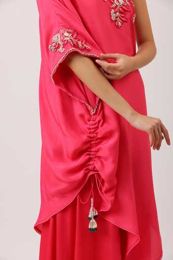 Vidushi Gupta_Fuchsia Silk, Organza Tassels One Shoulder Pearl Embroidered Cape And Palazzo Set _at_Aza_Fashions