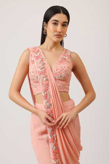 Vidushi Gupta_Peach Silk, Chiffon, Modal, Chinon Wildflower Embroidered Blouse Gharara Set _Online_at_Aza_Fashions