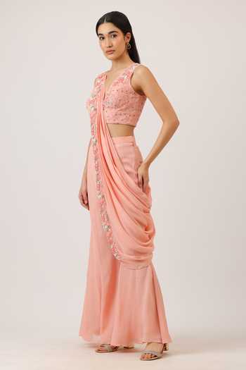 Buy_Vidushi Gupta_Peach Silk, Chiffon, Modal, Chinon Wildflower Embroidered Blouse Gharara Set _Online_at_Aza_Fashions