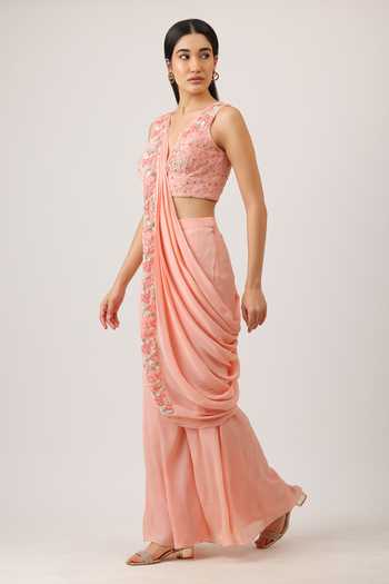 Shop_Vidushi Gupta_Peach Silk, Chiffon, Modal, Chinon Wildflower Embroidered Blouse Gharara Set _Online_at_Aza_Fashions
