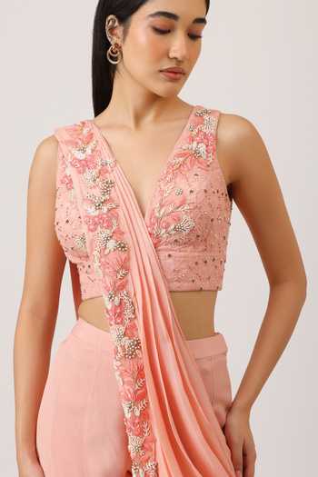 Vidushi Gupta_Peach Silk, Chiffon, Modal, Chinon Wildflower Embroidered Blouse Gharara Set _at_Aza_Fashions