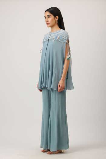 Vidushi Gupta_Blue Silk, Cotton, Chiffon, Modal, Shantoon Round Embroidered Cape Sharara Set _Online_at_Aza_Fashions
