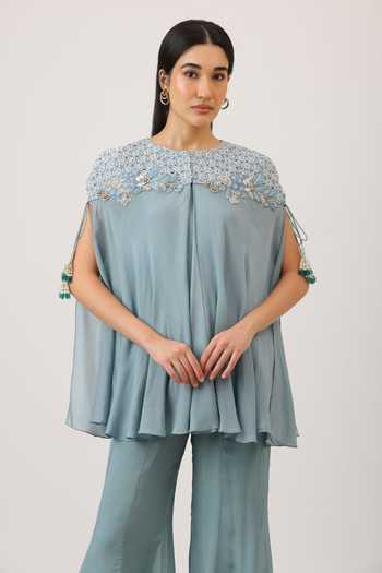 Buy_Vidushi Gupta_Blue Silk, Cotton, Chiffon, Modal, Shantoon Round Embroidered Cape Sharara Set _Online_at_Aza_Fashions