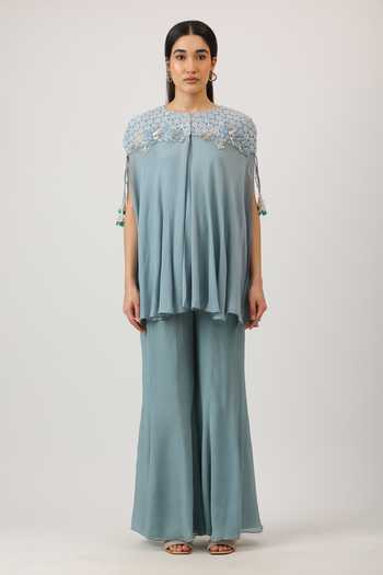 Shop_Vidushi Gupta_Blue Silk, Cotton, Chiffon, Modal, Shantoon Round Embroidered Cape Sharara Set _Online_at_Aza_Fashions