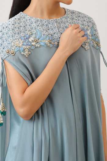 Buy_Vidushi Gupta_Blue Silk, Cotton, Chiffon, Modal, Shantoon Round Embroidered Cape Sharara Set 