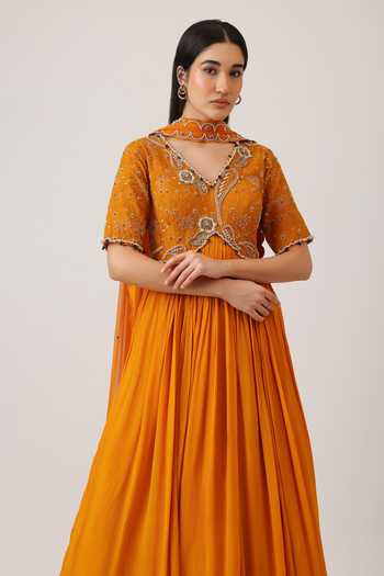 Buy_Vidushi Gupta_Yellow Modal, Silk, Chinon, Chiffon, Paisley Threadwork Anarkali With Dupatta _Online_at_Aza_Fashions
