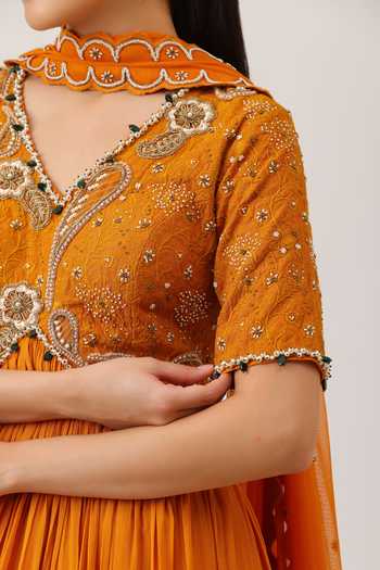 Vidushi Gupta_Yellow Modal, Silk, Chinon, Chiffon, Paisley Threadwork Anarkali With Dupatta _at_Aza_Fashions