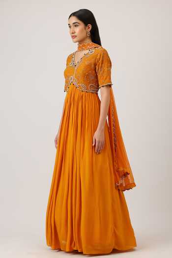 Buy_Vidushi Gupta_Yellow Modal, Silk, Chinon, Chiffon, Paisley Threadwork Anarkali With Dupatta 