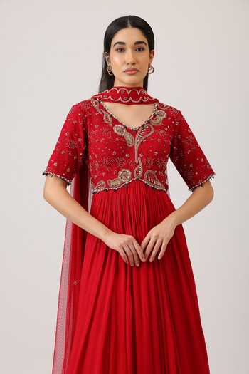 Vidushi Gupta_Red Modal, Silk, Chinon, Chiffon, Net Pearl Embroidered Anarkali And Dupatta Set _Online_at_Aza_Fashions