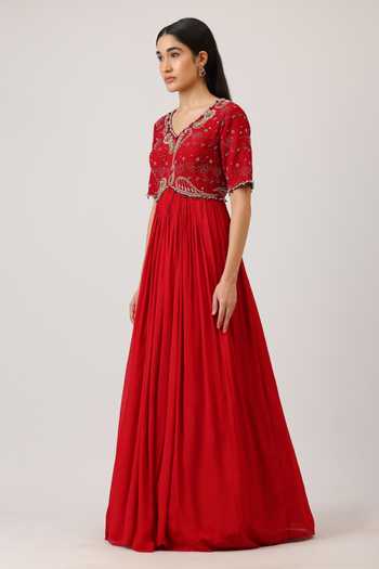 Buy_Vidushi Gupta_Red Modal, Silk, Chinon, Chiffon, Net Pearl Embroidered Anarkali And Dupatta Set _Online_at_Aza_Fashions