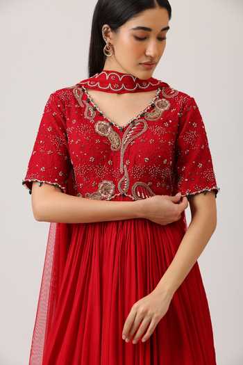 Shop_Vidushi Gupta_Red Modal, Silk, Chinon, Chiffon, Net Pearl Embroidered Anarkali And Dupatta Set _Online_at_Aza_Fashions