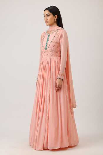 Vidushi Gupta_Peach Modal, Silk, Chinon, Chiffon, Net Hand Embroidered Anarkali And Dupatta Set _Online_at_Aza_Fashions