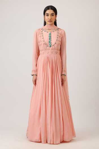 Buy_Vidushi Gupta_Peach Modal, Silk, Chinon, Chiffon, Net Hand Embroidered Anarkali And Dupatta Set _Online_at_Aza_Fashions