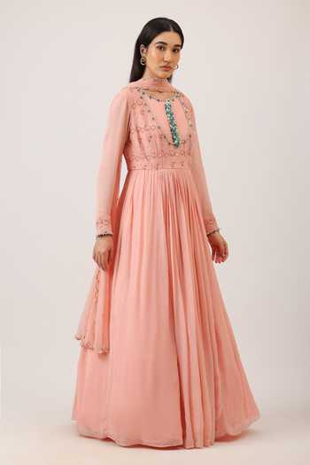 Shop_Vidushi Gupta_Peach Modal, Silk, Chinon, Chiffon, Net Hand Embroidered Anarkali And Dupatta Set _Online_at_Aza_Fashions