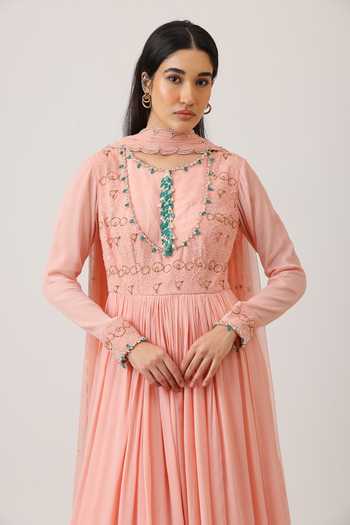 Vidushi Gupta_Peach Modal, Silk, Chinon, Chiffon, Net Hand Embroidered Anarkali And Dupatta Set _at_Aza_Fashions