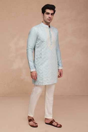 Shop Manish Nagdeo Blue Silk Embroidered Kurta Set Online at Aza Fashions Shop_Manish Nagdeo_Blue Silk Embroidered Kurta Set _Online_at_Aza_Fashions