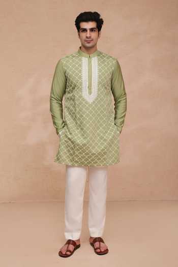 Shop Manish Nagdeo Green Silk Thread Embroidered Kurta And Pant Set Online at Aza Fashions Shop_Manish Nagdeo_Green Silk Thread Embroidered Kurta And Pant Set _Online_at_Aza_Fashions