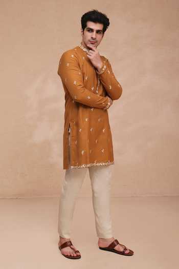 Shop Manish Nagdeo Yellow Silk Embroidered Kurta And Pant Set Online at Aza Fashions Shop_Manish Nagdeo_Yellow Silk Embroidered Kurta And Pant Set _Online_at_Aza_Fashions