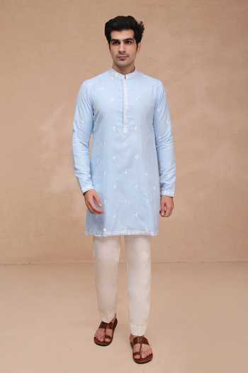 Shop Manish Nagdeo Blue Silk Cactus Motif Kurta And Pant Set Online at Aza Fashions Shop_Manish Nagdeo_Blue Silk Cactus Motif Kurta And Pant Set _Online_at_Aza_Fashions