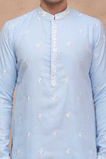 Manish Nagdeo Blue Silk Cactus Motif Kurta And Pant Set at Aza Fashions Manish Nagdeo_Blue Silk Cactus Motif Kurta And Pant Set _at_Aza_Fashions