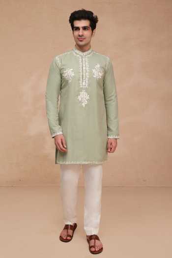 Manish Nagdeo Green Silk Floral Placement Embroidered Kurta Set Online at Aza Fashions Manish Nagdeo_Green Silk Floral Placement Embroidered Kurta Set _Online_at_Aza_Fashions