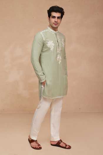 Buy Manish Nagdeo Green Silk Floral Placement Embroidered Kurta Set Online at Aza Fashions Buy_Manish Nagdeo_Green Silk Floral Placement Embroidered Kurta Set _Online_at_Aza_Fashions