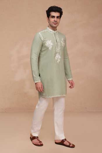Shop_Manish Nagdeo_Green Silk Floral Placement Embroidered Kurta Set _Online_at_Aza_Fashions