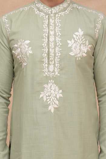Buy Manish Nagdeo Green Silk Floral Placement Embroidered Kurta Set Buy_Manish Nagdeo_Green Silk Floral Placement Embroidered Kurta Set