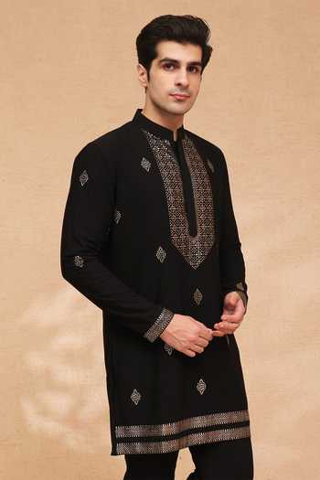 Shop Manish Nagdeo Black Viscose Foil Work Kurta And Pant Set Online at Aza Fashions Shop_Manish Nagdeo_Black Viscose Foil Work Kurta And Pant Set _Online_at_Aza_Fashions